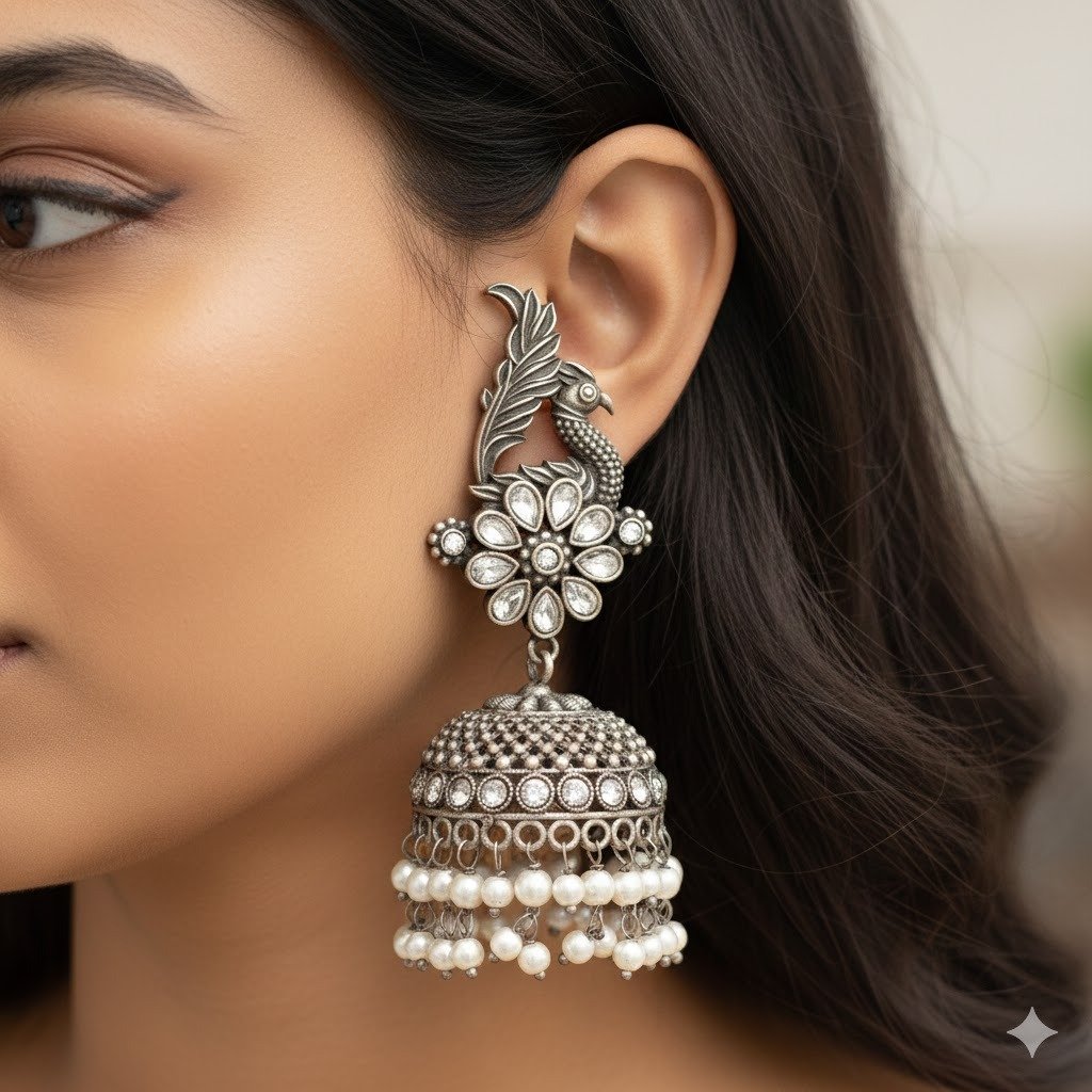 Peacock Designer Oxidised Silver Jhumkha Peacock Designer Oxidised Silver Jhumkha
