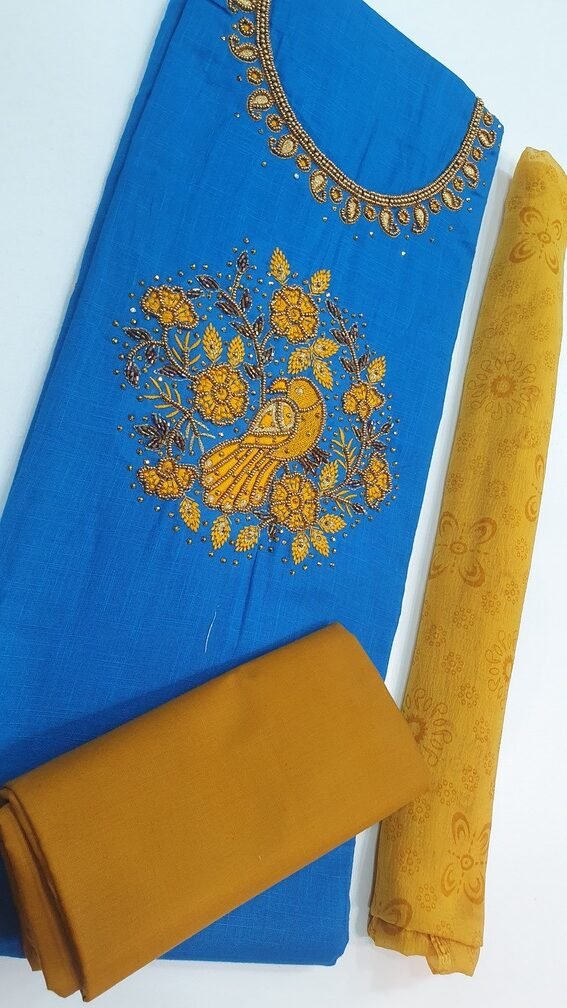 Blue and Yellow Aari Work Designer Shalwar material