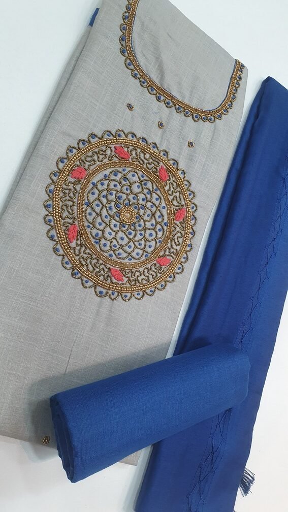Grey and Blue Chakra Aari Work Designer Shalwar material