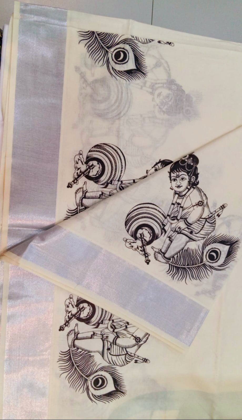 Krishna Designer Black and White Designer Kerala Tissue Silk Saree Krishna Designer Black and White Designer Kerala Tissue Silk Saree - Image 2