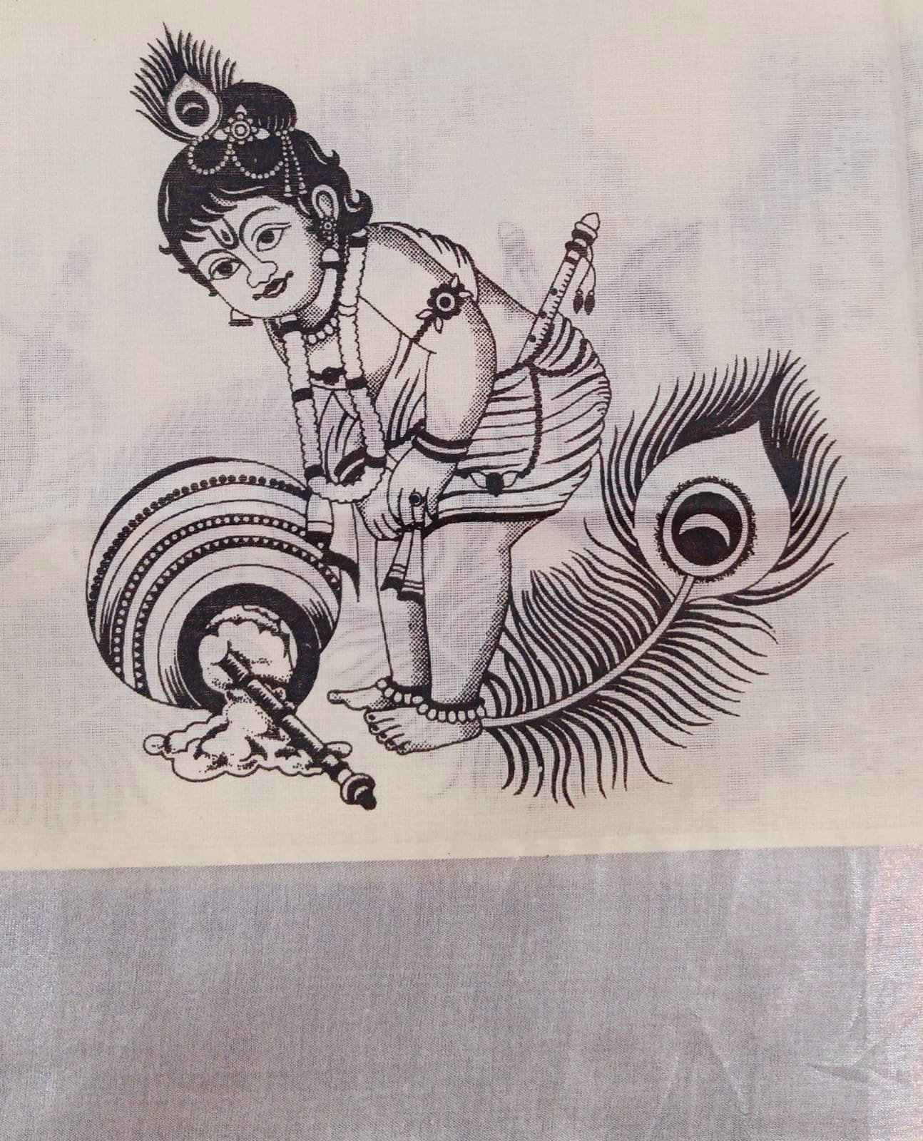 Krishna Designer Black and White Designer Kerala Tissue Silk Saree Krishna Designer Black and White Designer Kerala Tissue Silk Saree - Image 4