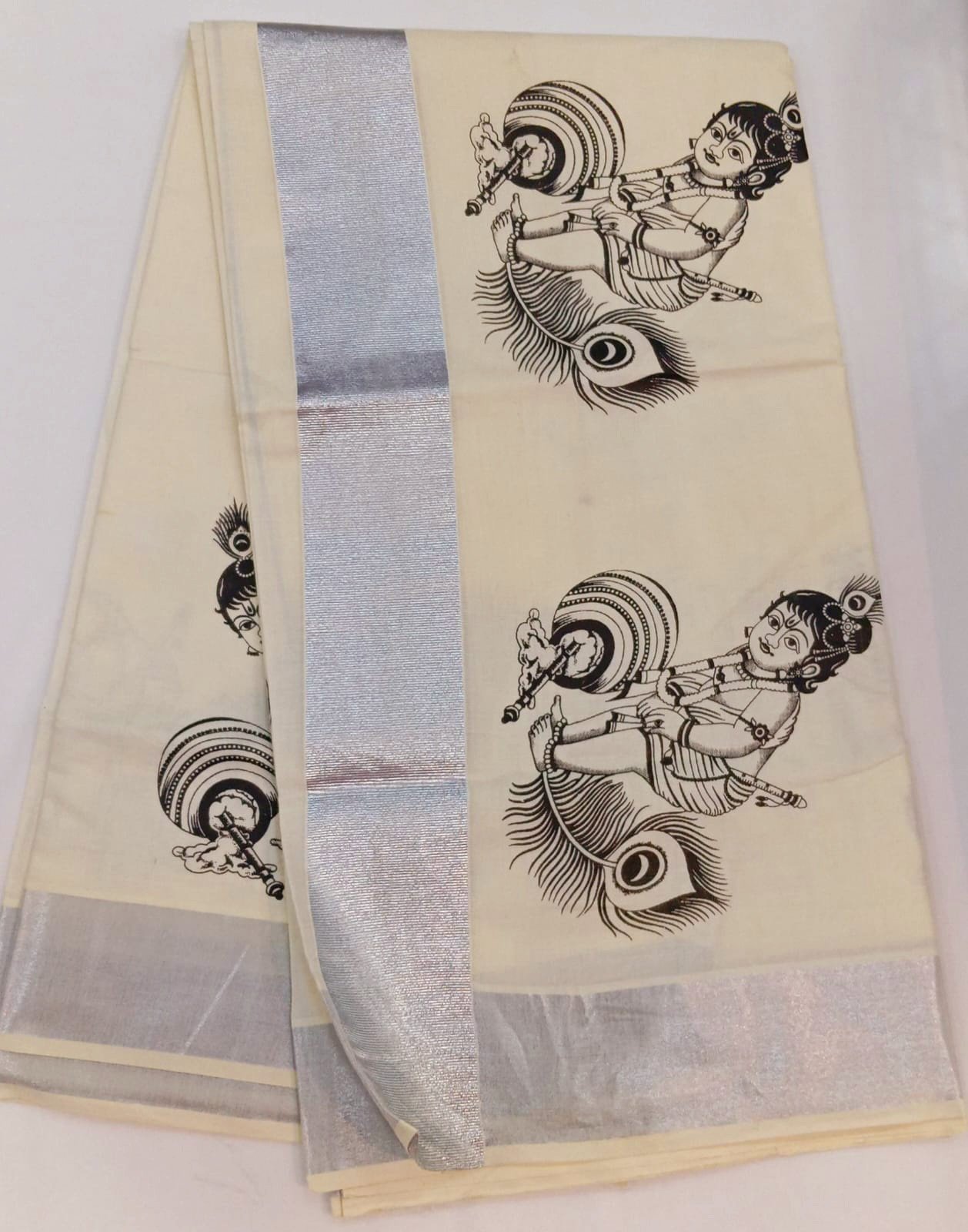 Krishna Designer Black and White Designer Kerala Tissue Silk Saree Krishna Designer Black and White Designer Kerala Tissue Silk Saree - Image 3