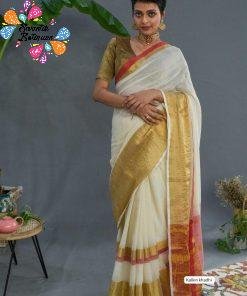 White and Gold Onam Khadi Cotton sarees