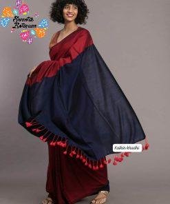 Maroon and Navy Blue Khadi Cotton saree
