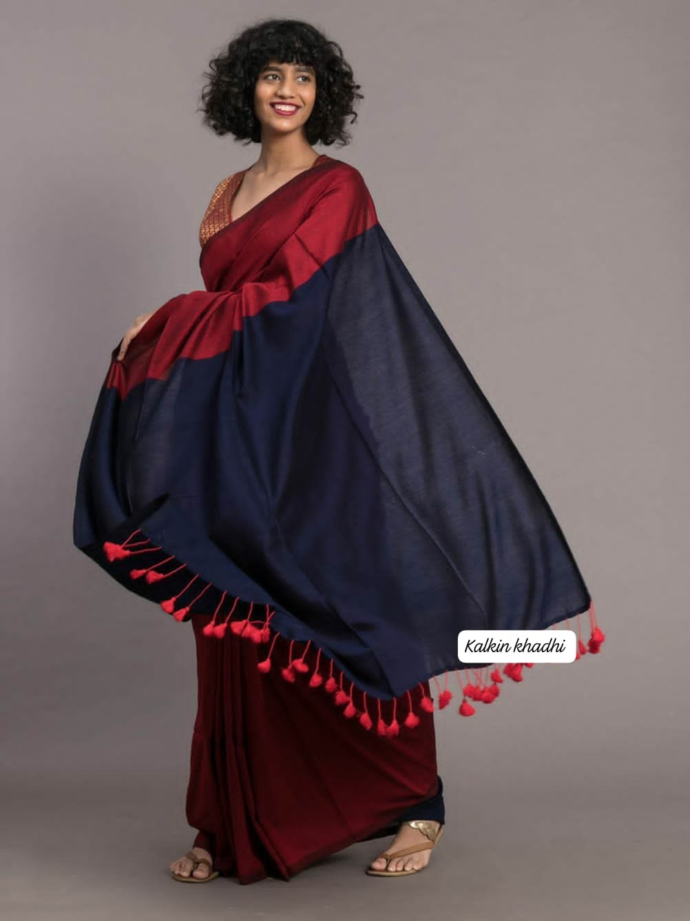 Maroon and Navy Blue Khadi Cotton saree Maroon and Navy Blue Khadi Cotton saree