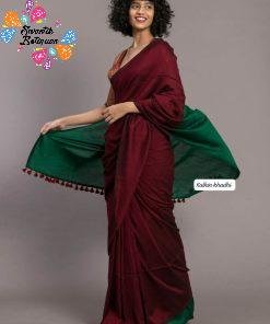 Maroon and Green Khadi Cotton saree