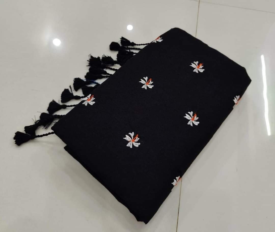 Black and White Floral Embroidery work Khadi Cotton Sarees