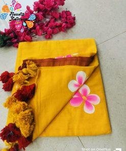 Yellow and Red Floral Painted Khadi cotton saree