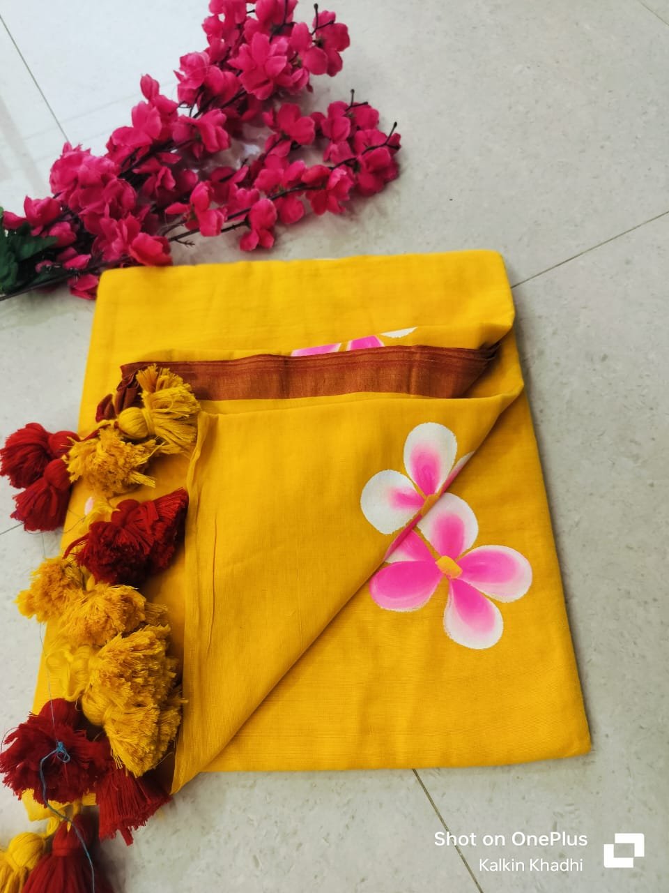 Yellow and Red Floral Painted Khadi cotton saree