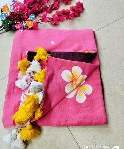 Pink and Yellow Floral Painted Khadi Cotton Saree