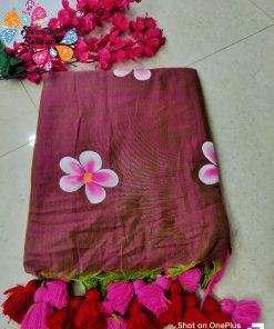 Pink and Red Floral Painted Khadi Cotton Saree
