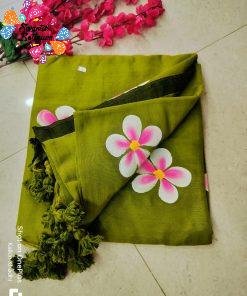 Green and White Floral Painted Khadi Cotton Saree