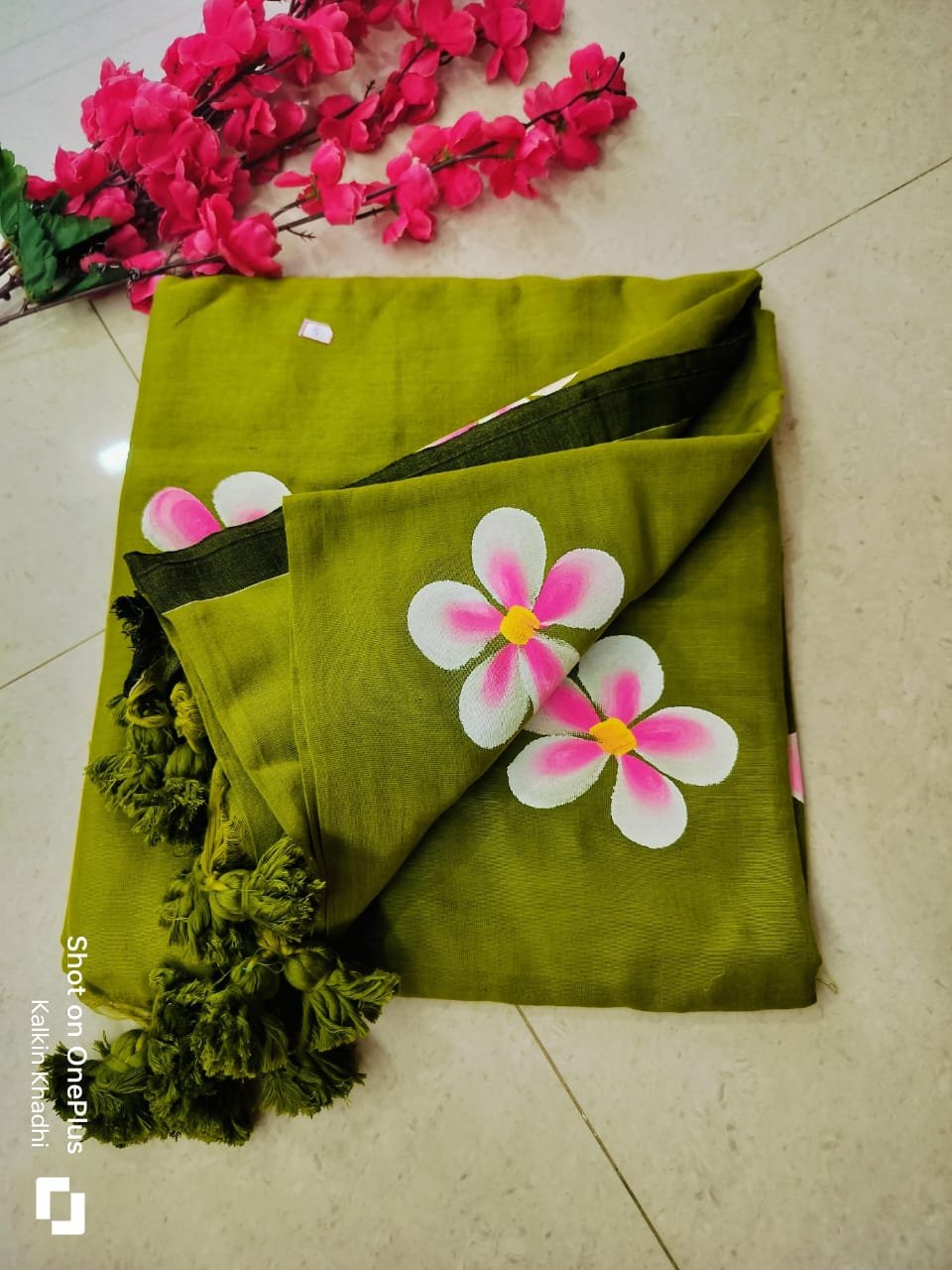 Green and White Floral Painted Khadi Cotton Saree