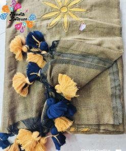 Butter Colour and Blue Floral Embroidery work Khadi Cotton Saree