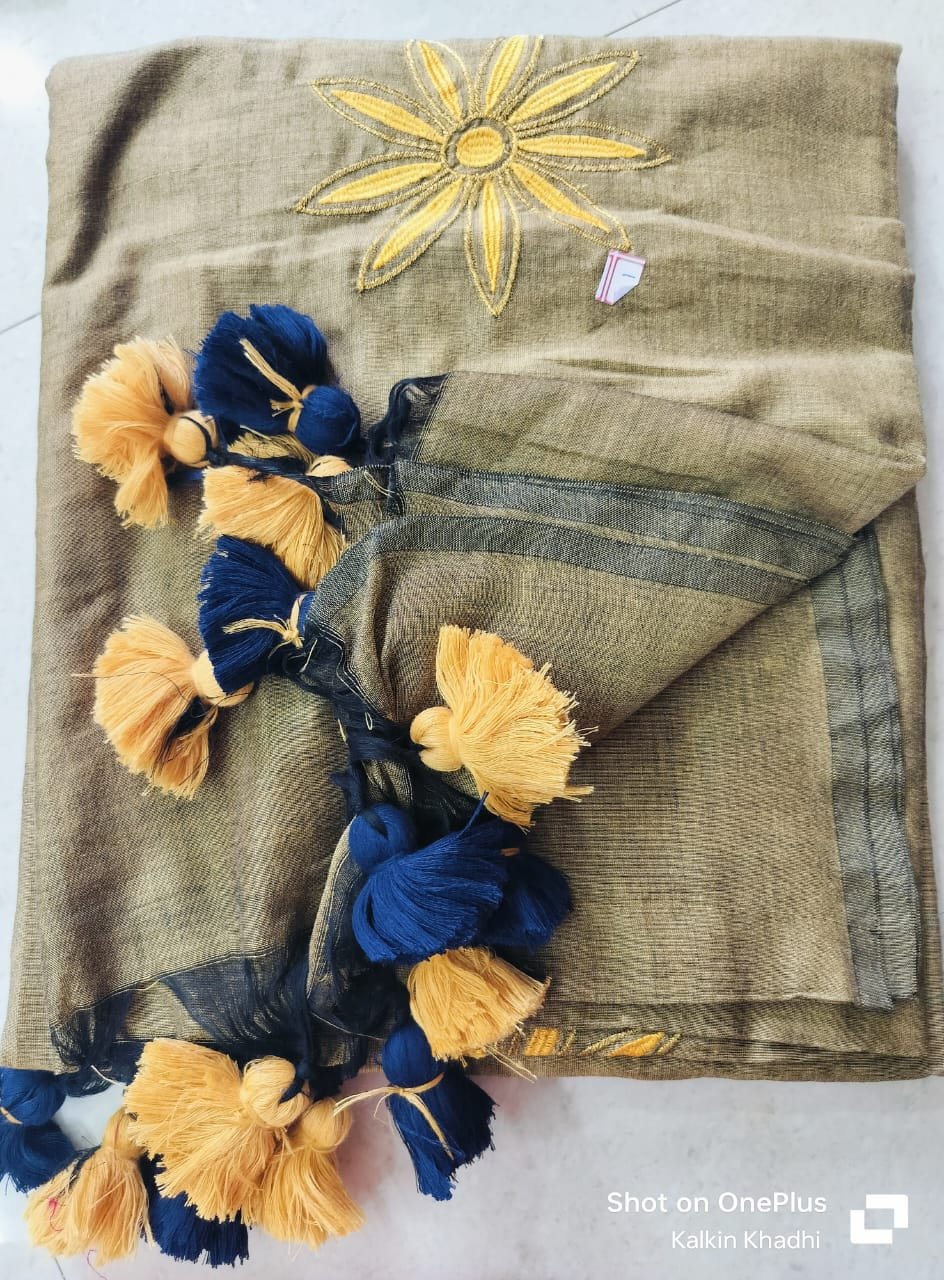 Butter Colour and Blue Floral Embroidery work Khadi Cotton Saree