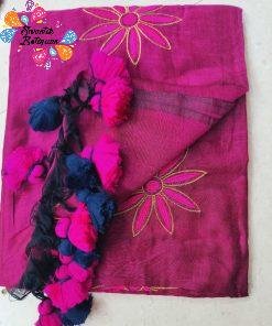 Pink and Blue Floral Embroidery work Khadi Cotton Saree