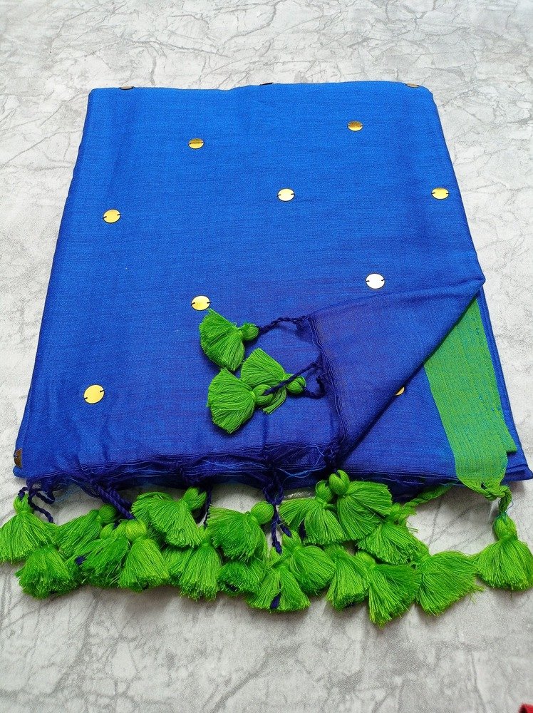 Blue and Green Pink Sequin Khadi Cotton Sarees Blue and Green Pink Sequin Khadi Cotton Sarees