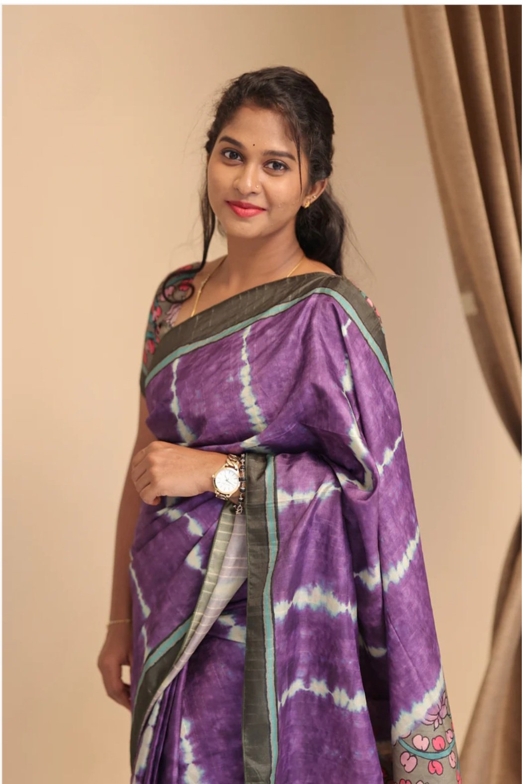 Purple Dye Kalamkari Tussur Silk Saree Purple Dye Kalamkari Tussur Silk Saree