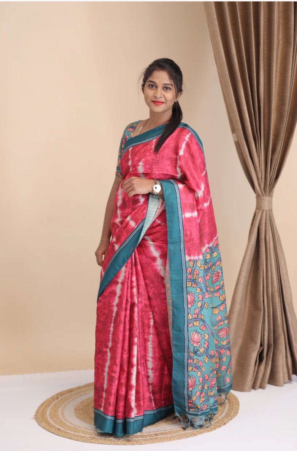 Pink Dye Kalamkari Tussur Silk Saree Pink Dye Kalamkari Tussur Silk Saree - Image 3