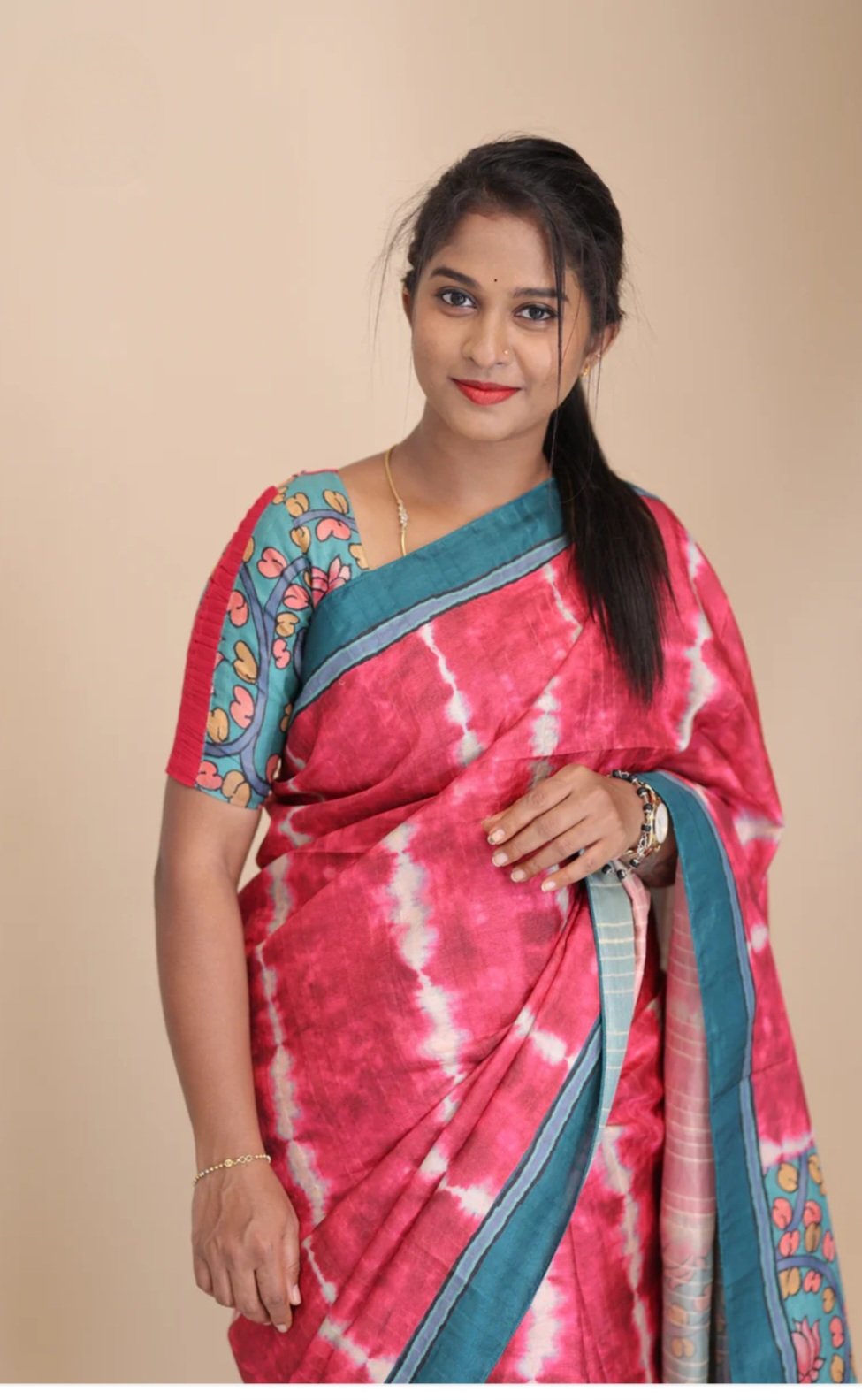 Pink Dye Kalamkari Tussur Silk Saree Pink Dye Kalamkari Tussur Silk Saree