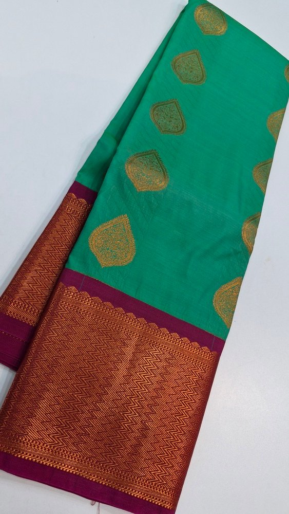 Peacock Green Colour Premium Kanchi Semi Silk Saree - Image 3