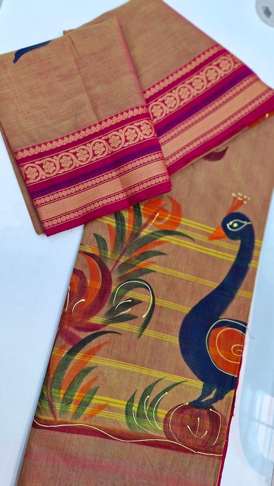 Peach and Pink Colour Pure Chettinad Cotton Saree