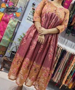 Premium Light Pink and Yellow Frock Style Tissue Silk Kurthi