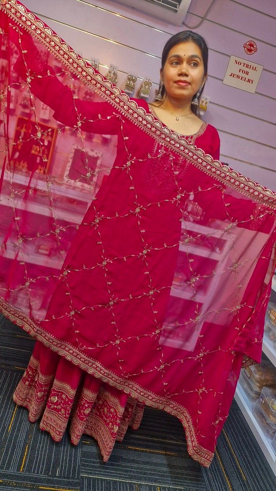 Dark Pink and Gold Blooming Embroidered Gown With Dupatta - Image 5
