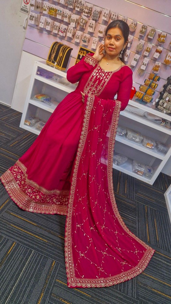 Dark Pink and Gold Blooming Embroidered Gown With Dupatta - Image 4