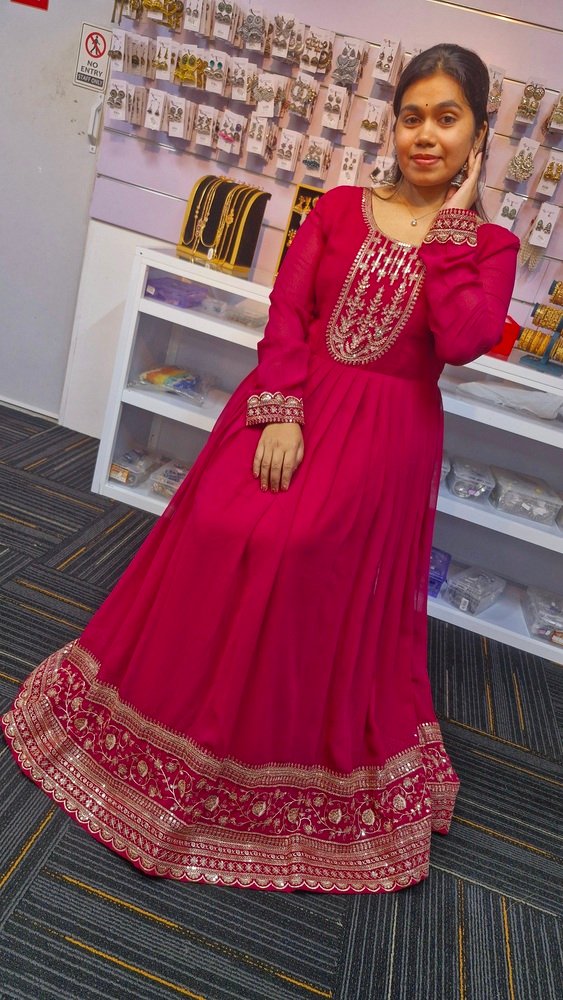 Dark Pink and Gold Blooming Embroidered Gown With Dupatta - Image 3