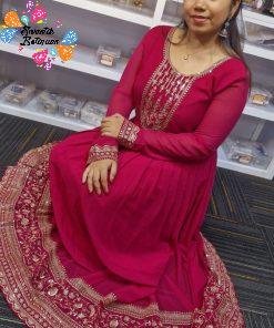 Alternative view of Dark Pink and Gold Blooming Embroidered Gown With Dupatta