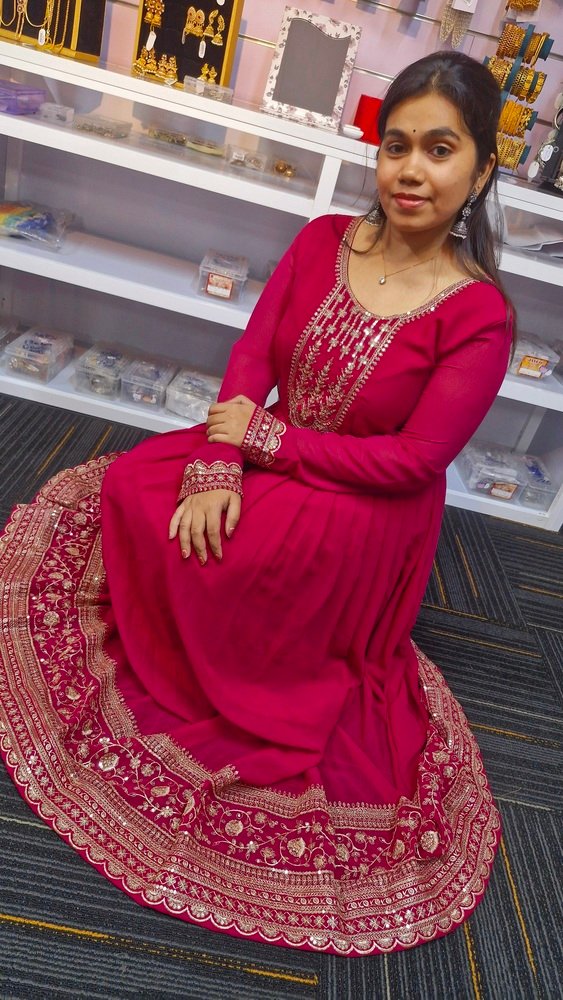 Dark Pink and Gold Blooming Embroidered Gown With Dupatta - Image 2