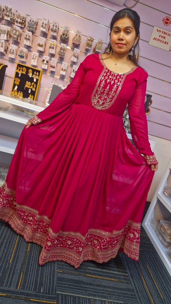 Dark Pink and Gold Blooming Embroidered Gown With Dupatta - Image 7