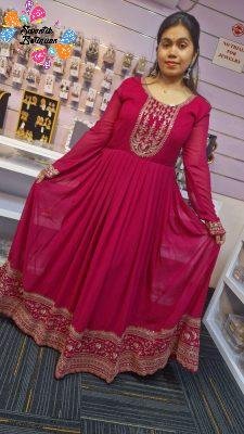 Dark Pink and Gold Blooming Embroidered Gown With Dupatta