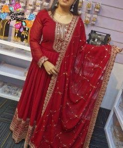 Maroon and Gold Blooming Embroidered Gown With Dupatta