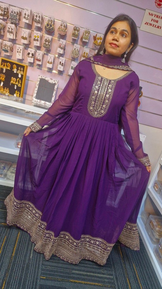 Dark Purple and Gold Blooming Embroidered Gown With Dupatta Dark Purple and Gold Blooming Embroidered Gown With Dupatta - Image 6