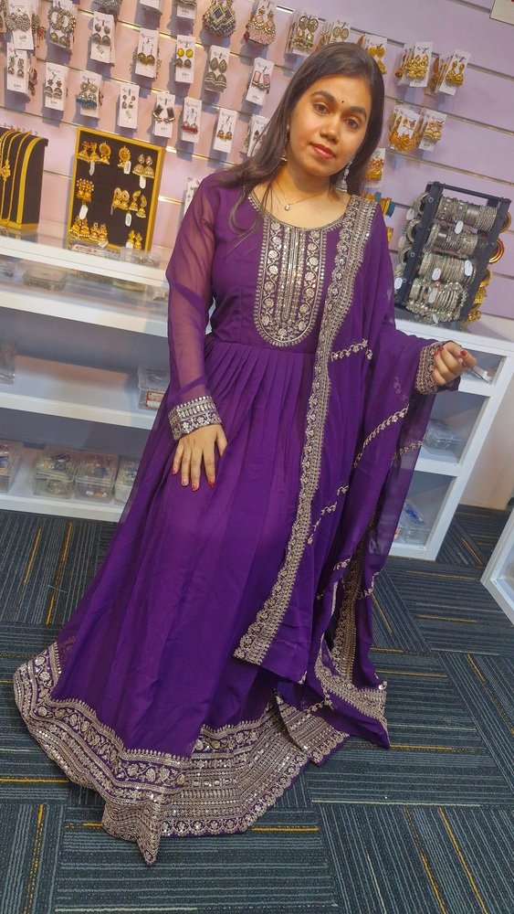 Dark Purple and Gold Blooming Embroidered Gown With Dupatta Dark Purple and Gold Blooming Embroidered Gown With Dupatta - Image 5