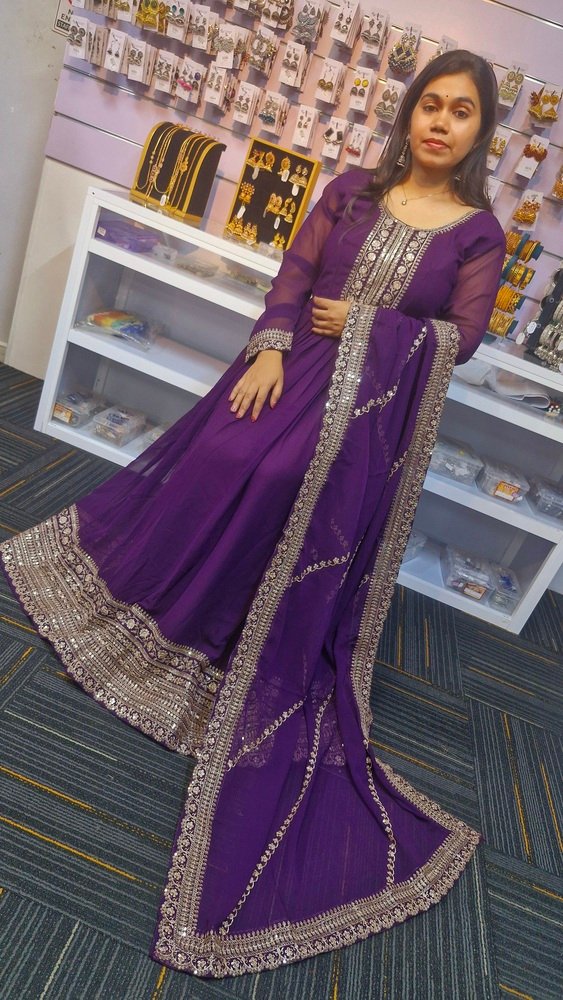 Dark Purple and Gold Blooming Embroidered Gown With Dupatta Dark Purple and Gold Blooming Embroidered Gown With Dupatta