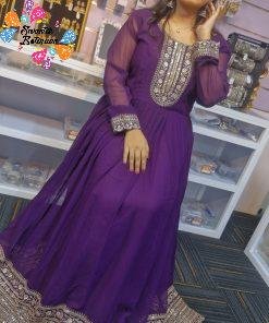 Dark Purple and Gold Blooming Embroidered Gown With Dupatta Dark Purple and Gold Blooming Embroidered Gown With Dupatta