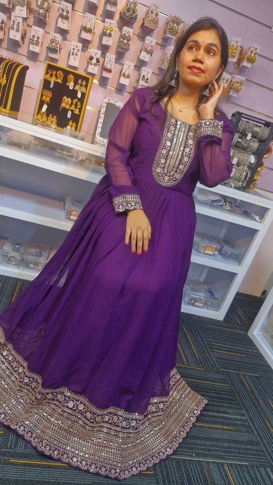 Dark Purple and Gold Blooming Embroidered Gown With Dupatta Dark Purple and Gold Blooming Embroidered Gown With Dupatta - Image 3