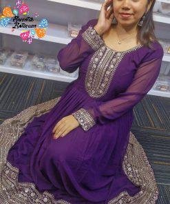 Dark Purple and Gold Blooming Embroidered Gown With Dupatta Dark Purple and Gold Blooming Embroidered Gown With Dupatta
