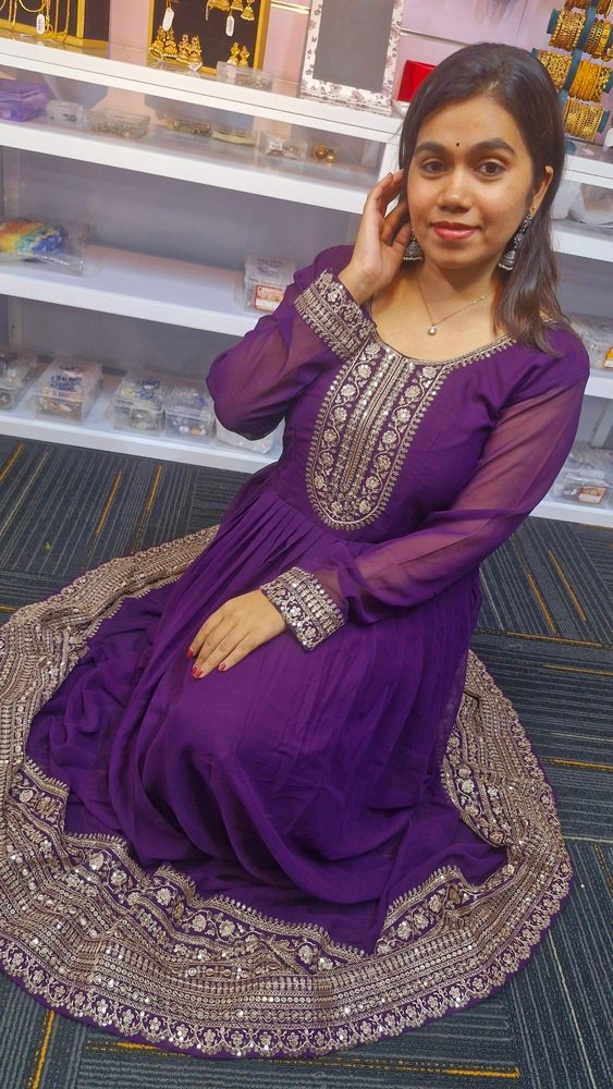 Dark Purple and Gold Blooming Embroidered Gown With Dupatta Dark Purple and Gold Blooming Embroidered Gown With Dupatta - Image 2