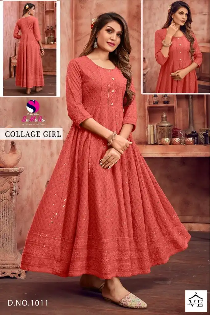Orangish Pink Premium Chikankari Anarkali Style Women Kurthi Orangish Pink Premium Chikankari Anarkali Style Women Kurthi