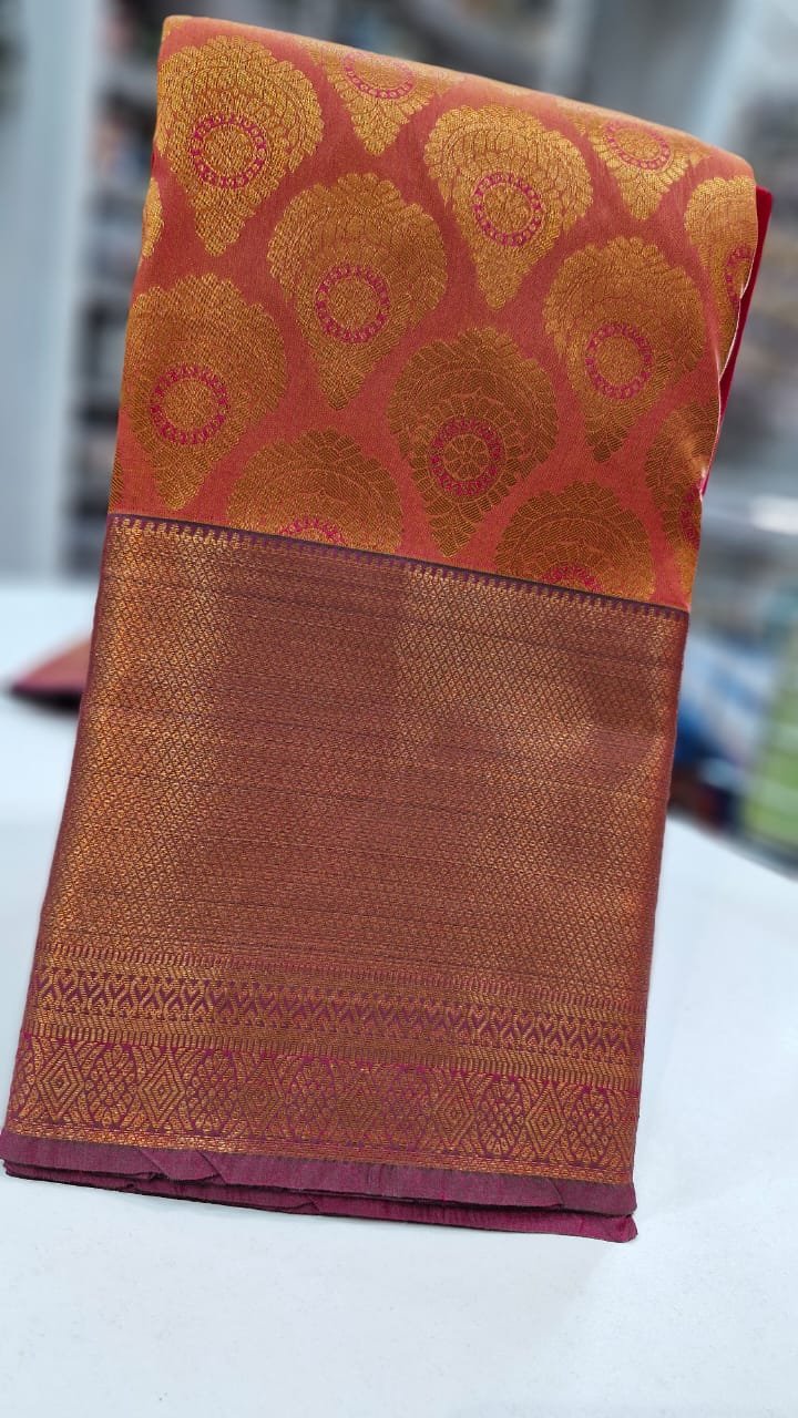 Coral Colour Premium Kanchi Semi Silk Saree Coral Colour Premium Kanchi Semi Silk Saree