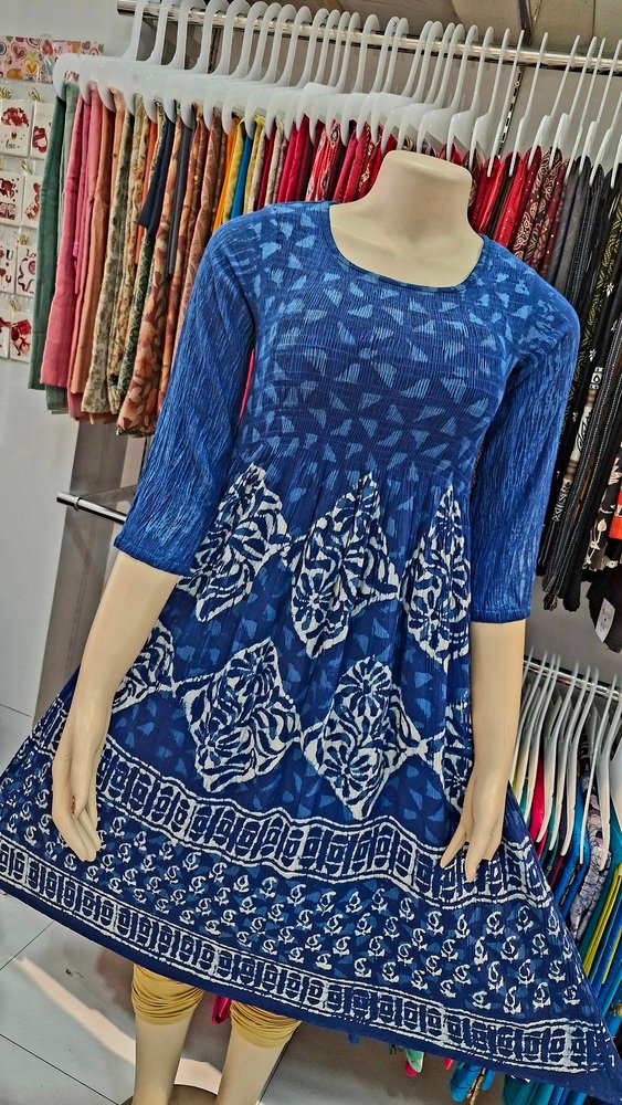 Premium Blue and White Creash Frock Style Women Kurthi Premium Blue and White Creash Frock Style Women Kurthi - Image 3