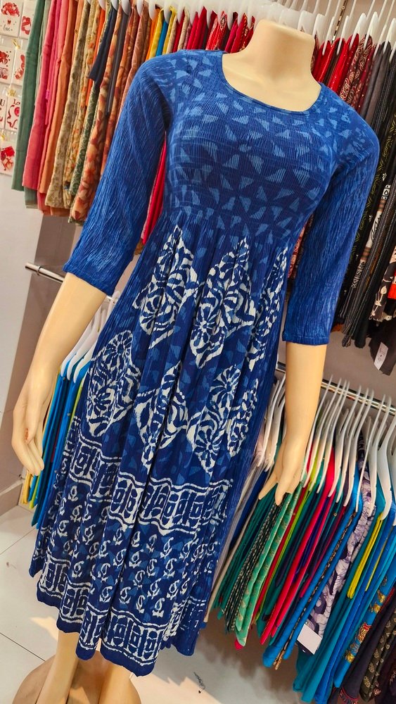 Premium Blue and White Creash Frock Style Women Kurthi Premium Blue and White Creash Frock Style Women Kurthi - Image 2