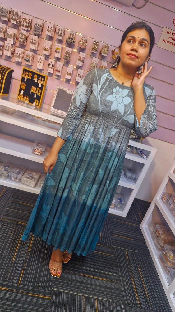 Premium Peacock Blue and Grey Creash Frock Style Women Kurthi Premium Peacock Blue and Grey Creash Frock Style Women Kurthi - Image 4