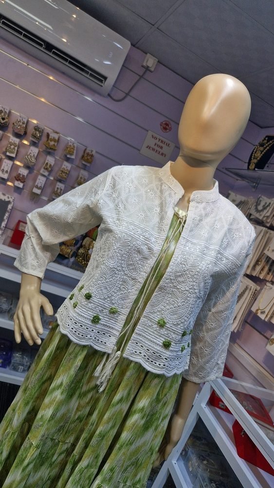 Premium Apple Green and White Colour Hakoba Over Court Cotton Kurthi - Image 2