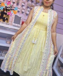 Premium Yellow and White Colour Hakoba Over Court Cotton Kurthi