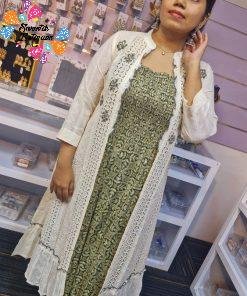 Premium Green and White Colour Hakoba Over Court Cotton Kurthi